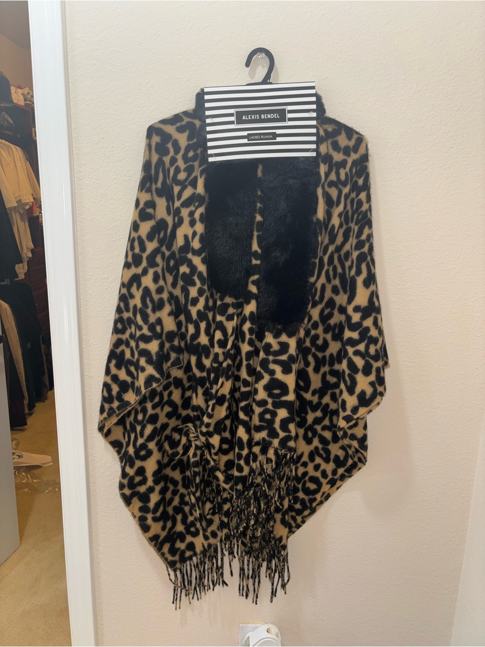 Leopard Print Faux-Fur Trim Cape in Tan/Black